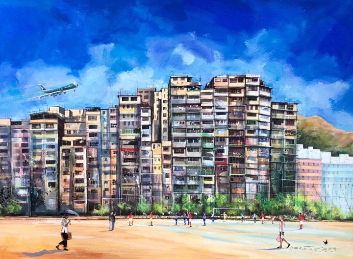 Stephen Thomas painting of The Walled Village located in Kowloon, Hong Kong. Painting dimensions are 75.5cm x 55cm.